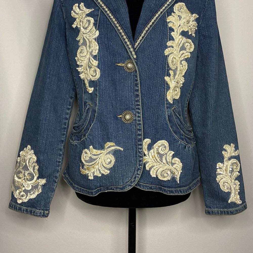 Upcycled Embellished Handstitched Bridal Vintage Lace Demin Jacket/Blazer S/M - Picture 2 of 14
